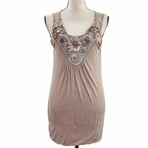 AGENDA Tan Embellished Beaded Sleeveless Blouse